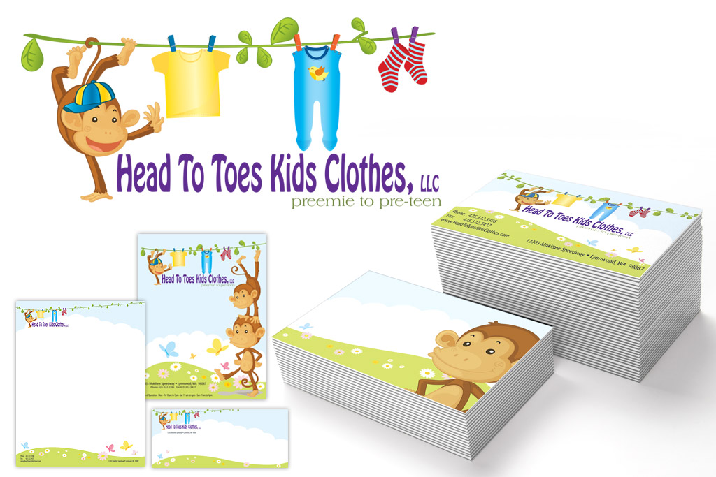 Head To Toes Kids Clothes Logo, Business Card, Letterhead, Envelope Designs